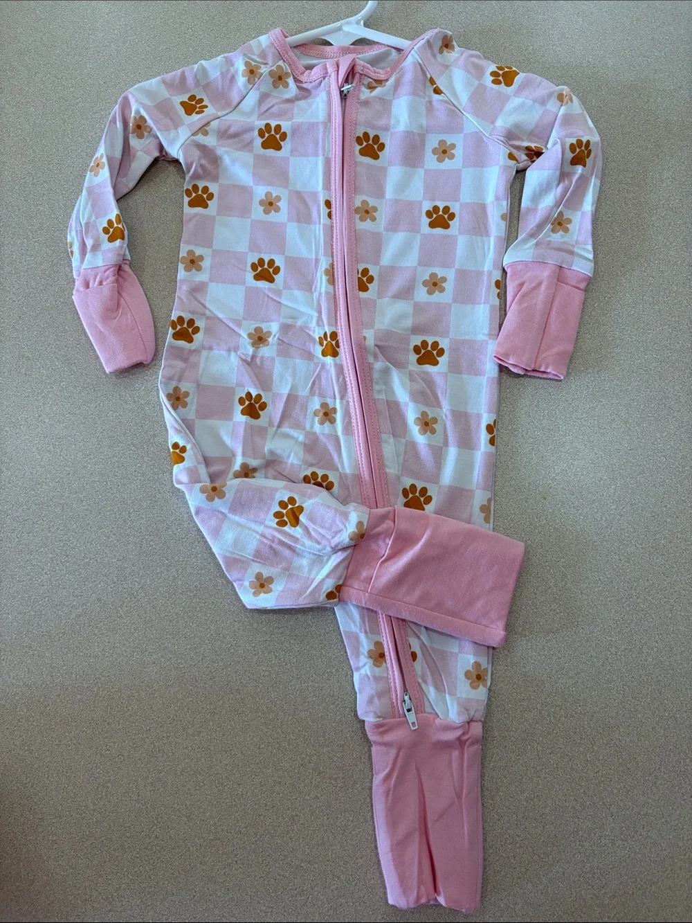Bamboo Zippy Pink Paw-Print Checkered One-Piece Pajamas for Kids